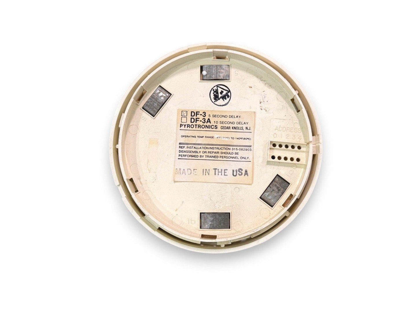Pyrotronics DF-3 fire alarm detector back view, made in USA, with delay settings and terminal connections