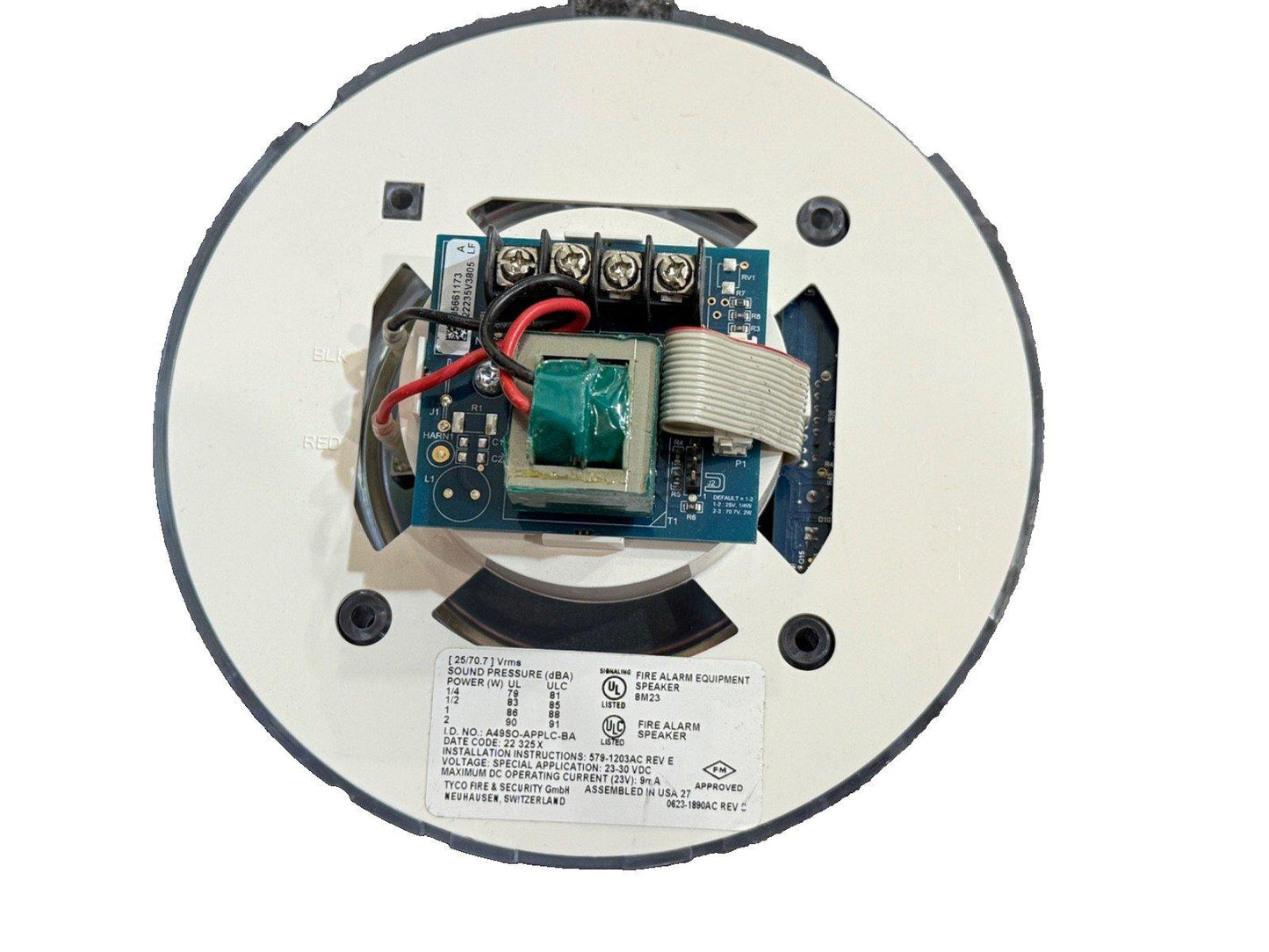 UL-listed fire alarm speaker with wiring terminals and circuit board, for commercial fire safety systems