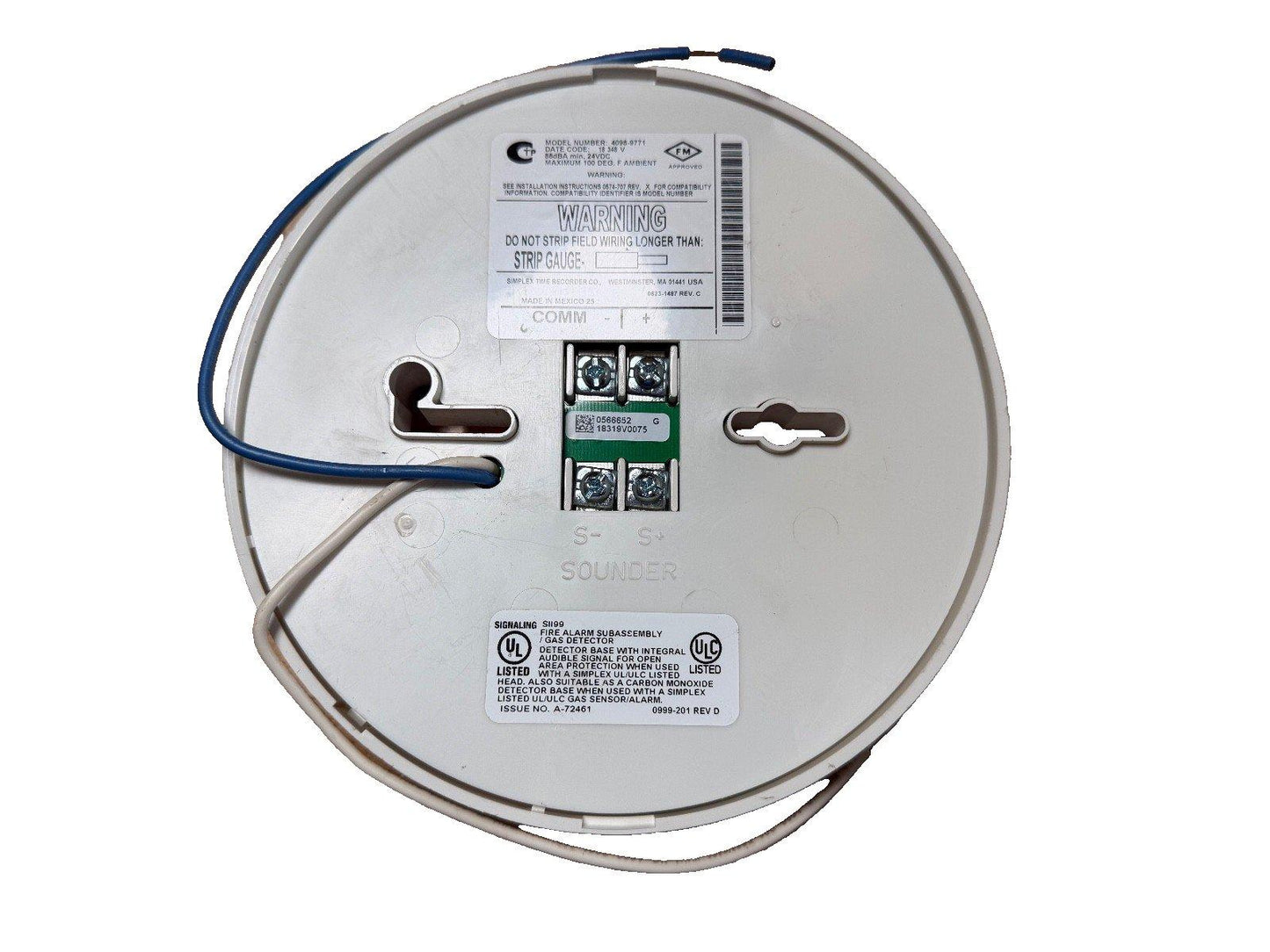 Fire alarm detector base with wiring terminals and UL listed label for gas or CO detection