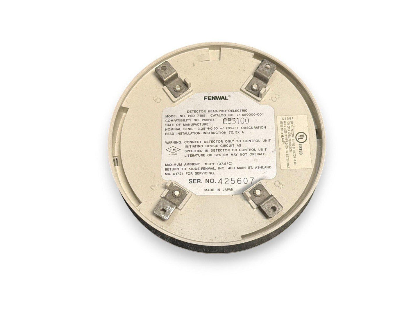 Fenwal PSD 7155 photoelectric smoke detector head, UL listed, made in Japan, for fire alarm systems