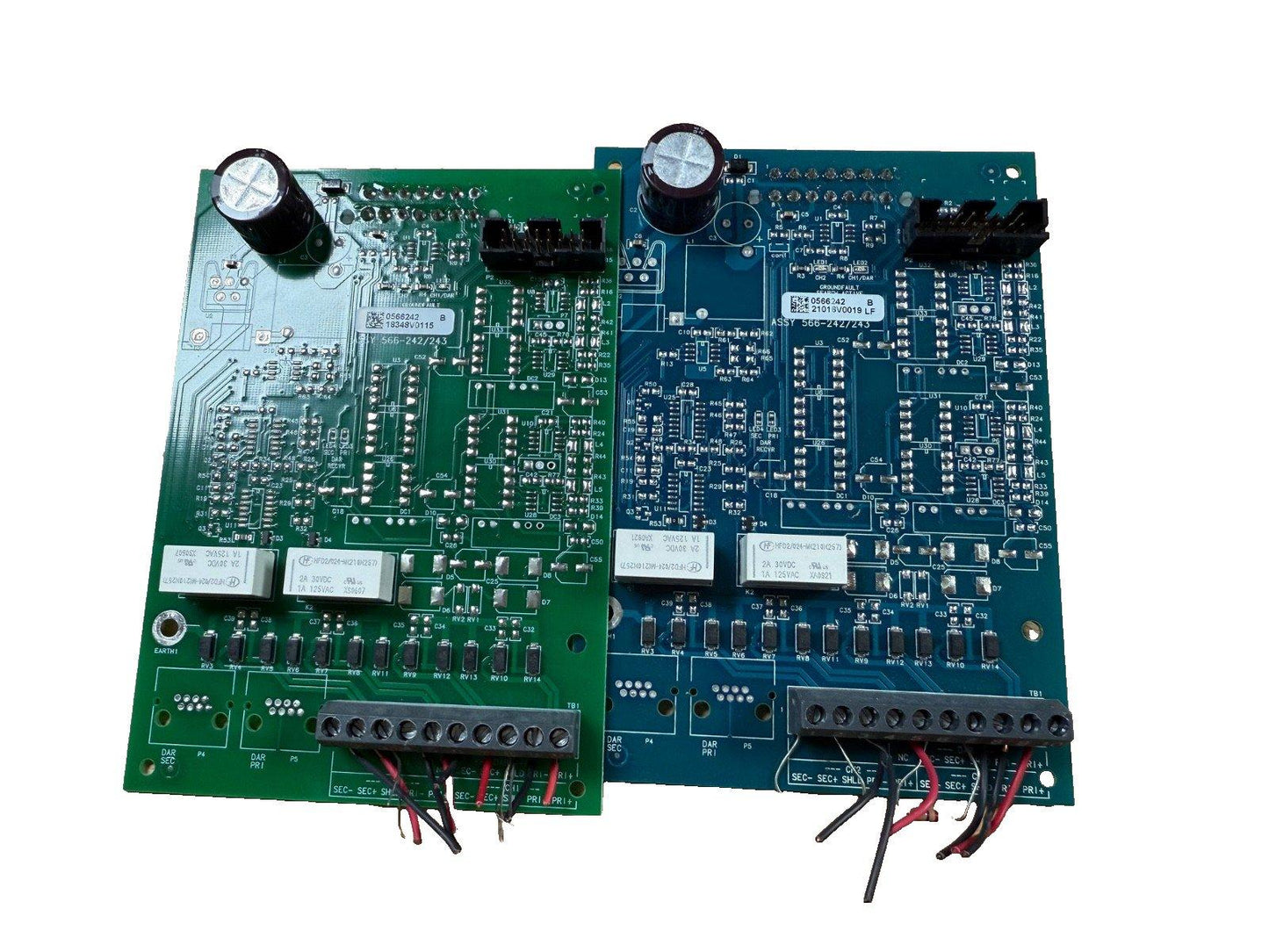 Fire alarm control panel circuit boards with connectors and capacitors for fire safety systems