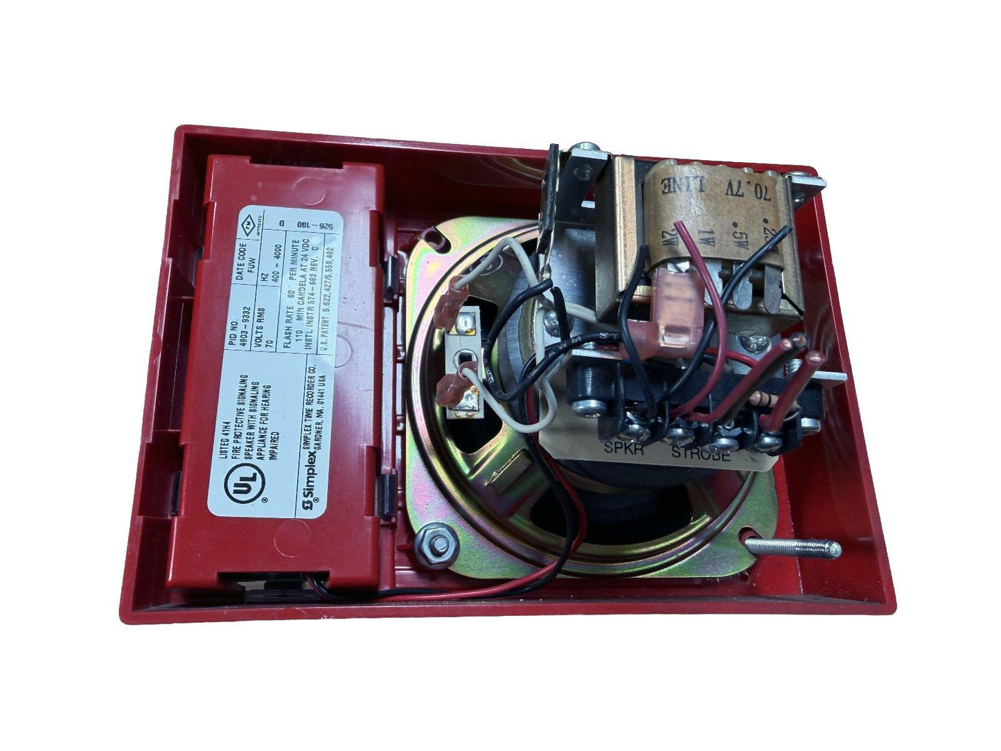 Red fire alarm strobe speaker with internal wiring and UL label, for fire safety systems