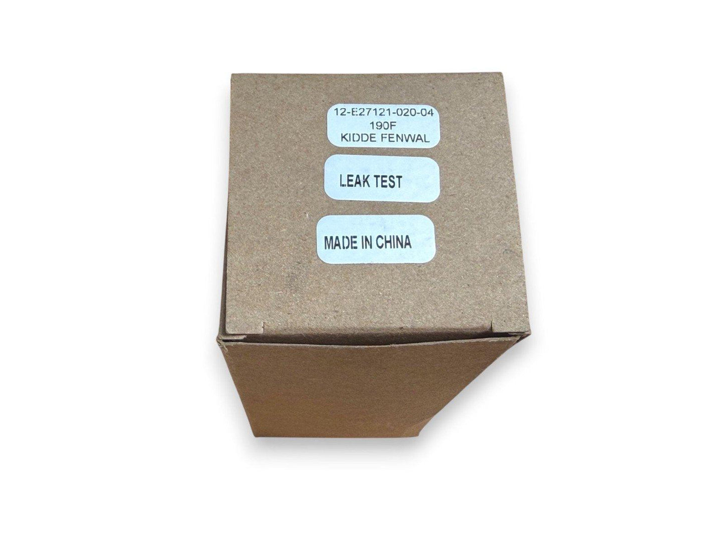 Kidde Fenwal fire alarm component box with leak test label, model 12-E27121-020-04, made in China
