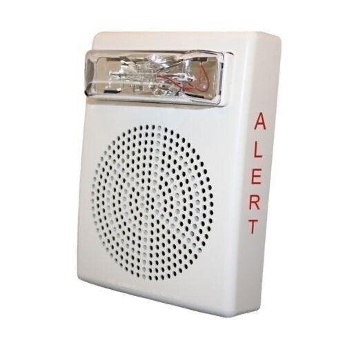 White fire alarm with red ALERT text, strobe light, and speaker grille for emergency notification