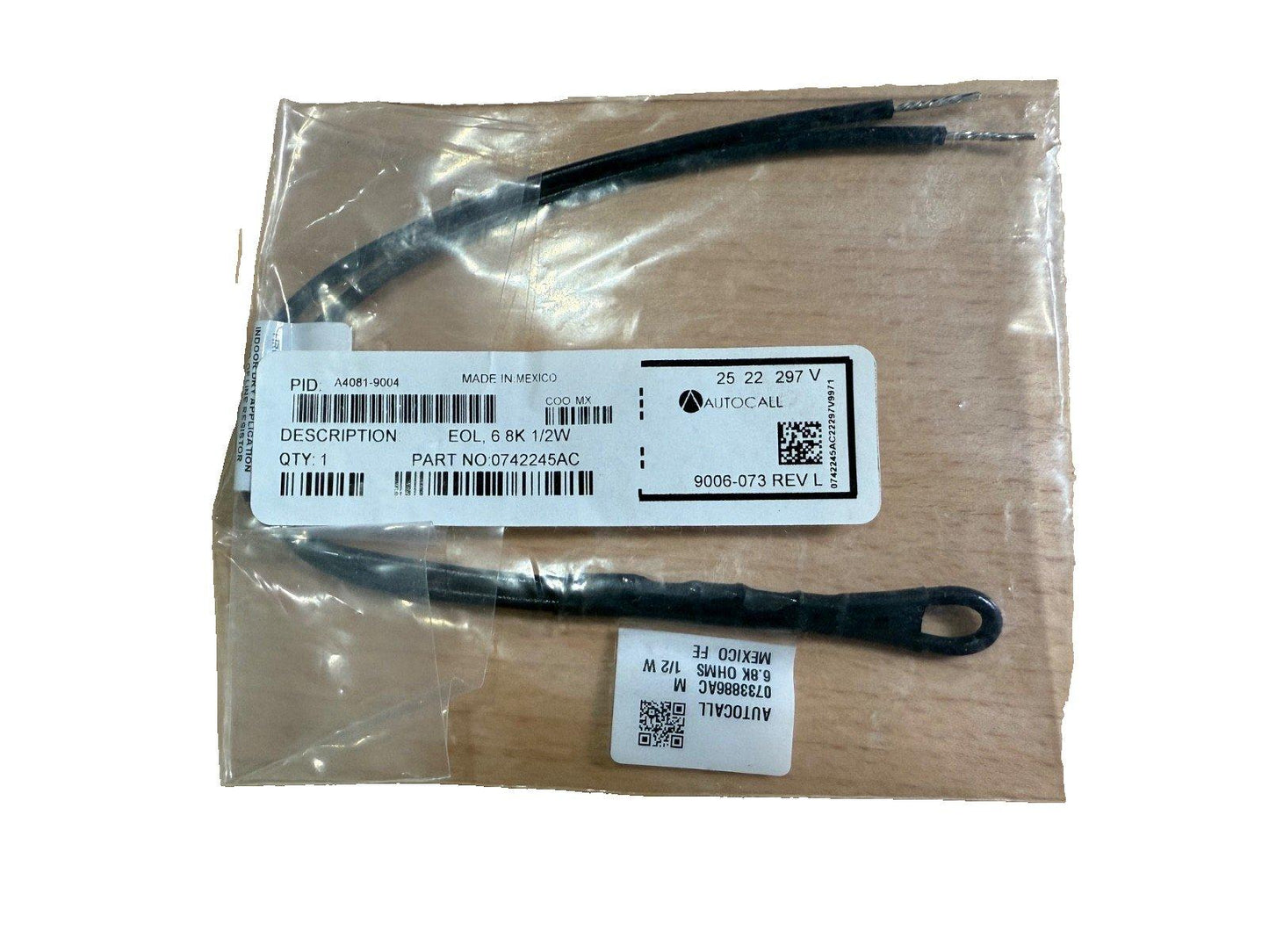 Autocall EOL resistor 6.8K 1/2W for fire alarm systems, packaged with labels and barcode