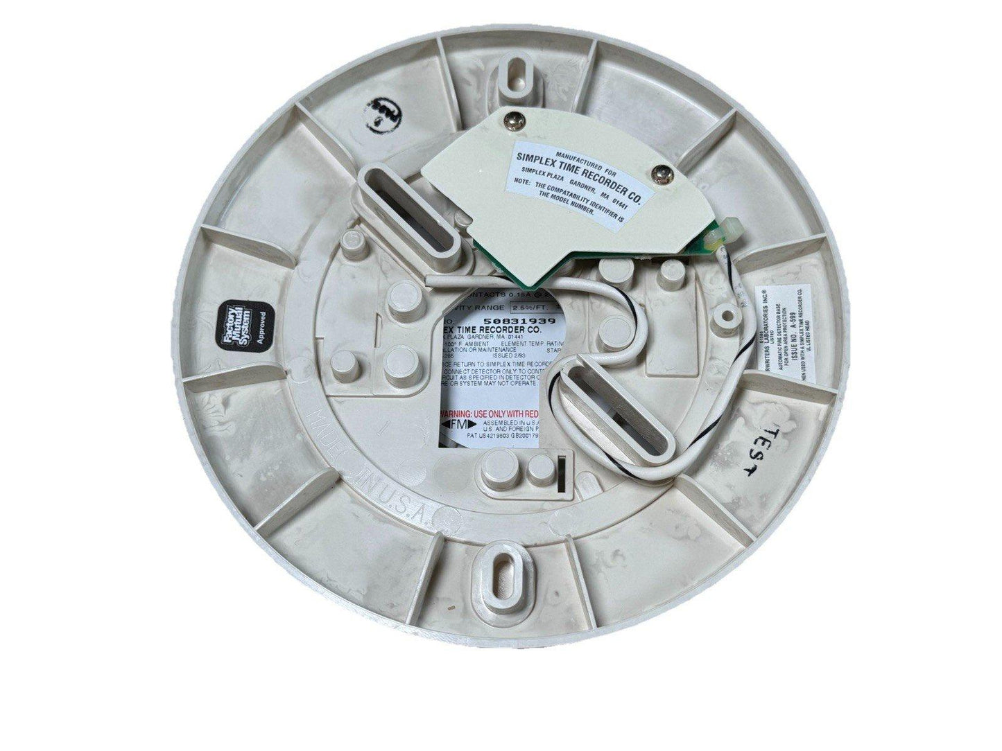 Simplex fire alarm detector base with wiring, labeled for compatibility and UL listing