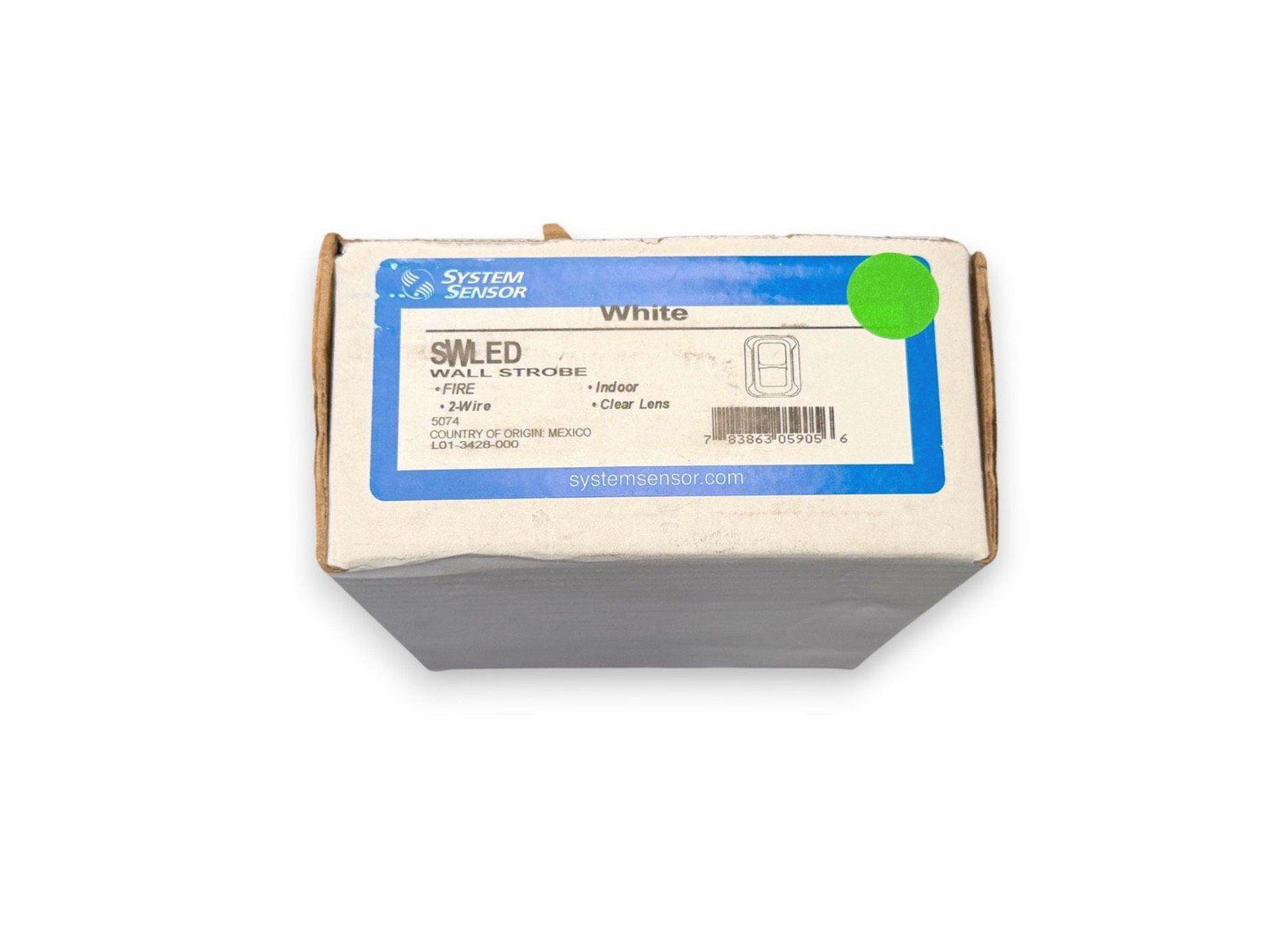 System Sensor SWLED white wall strobe fire alarm, 2-wire indoor device with clear lens, packaged in box