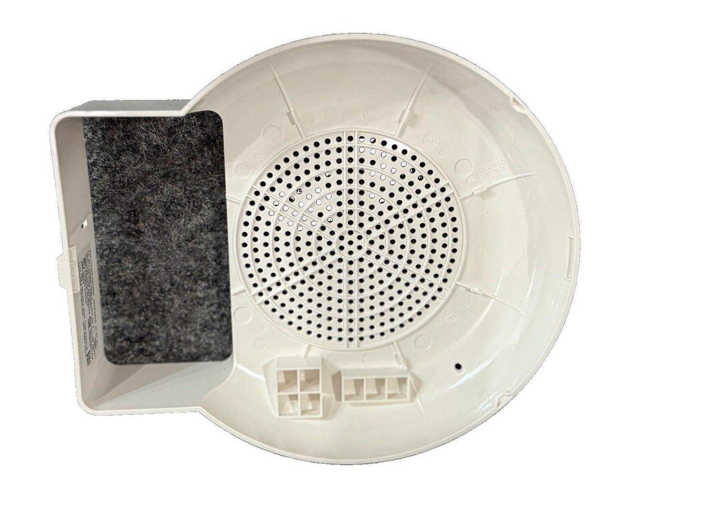 White fire alarm detector with perforated sensor cover and filter compartment