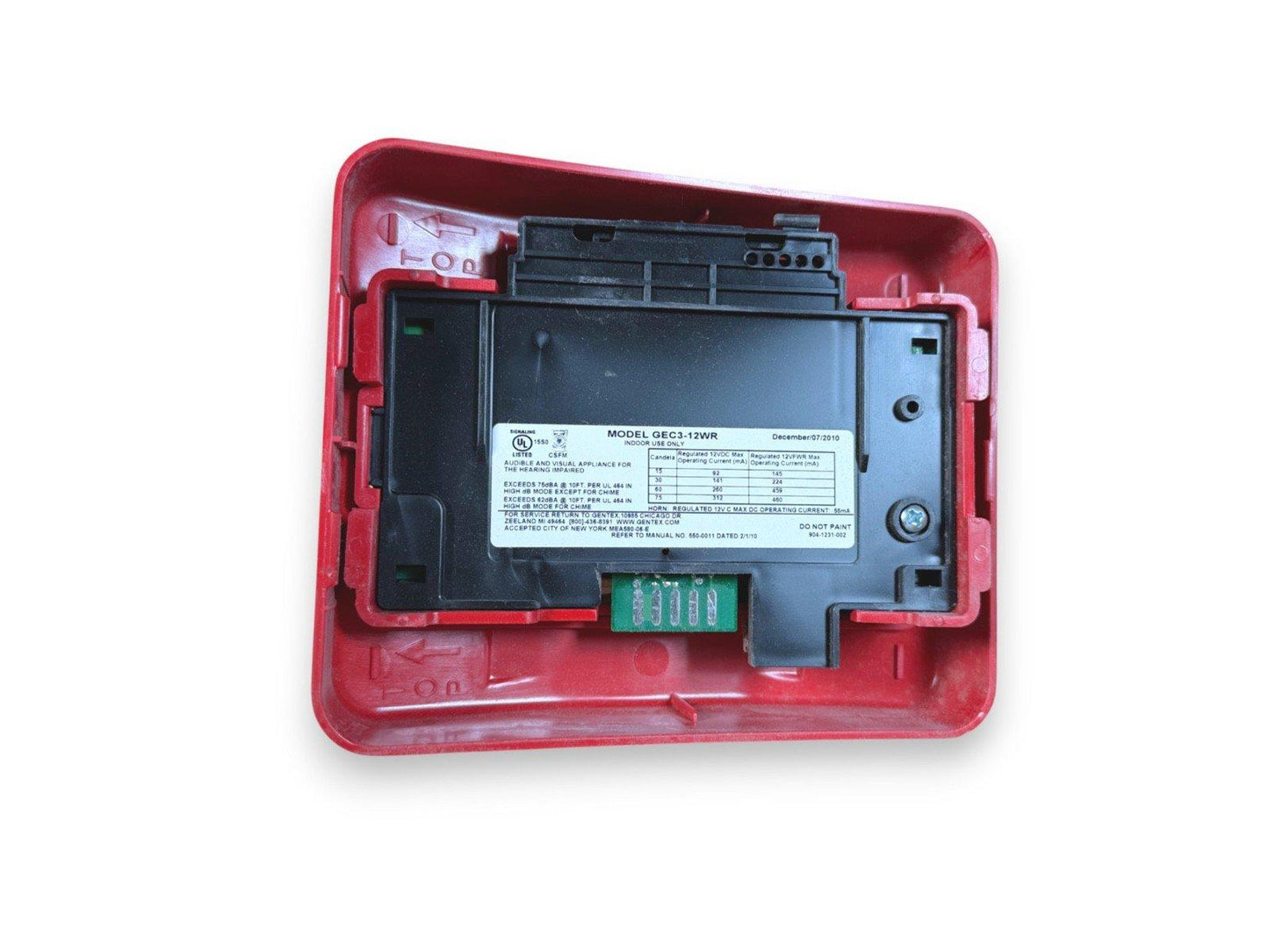 Red fire alarm horn strobe with model GEC3-12WR, indoor use, UL listed for hearing impaired safety