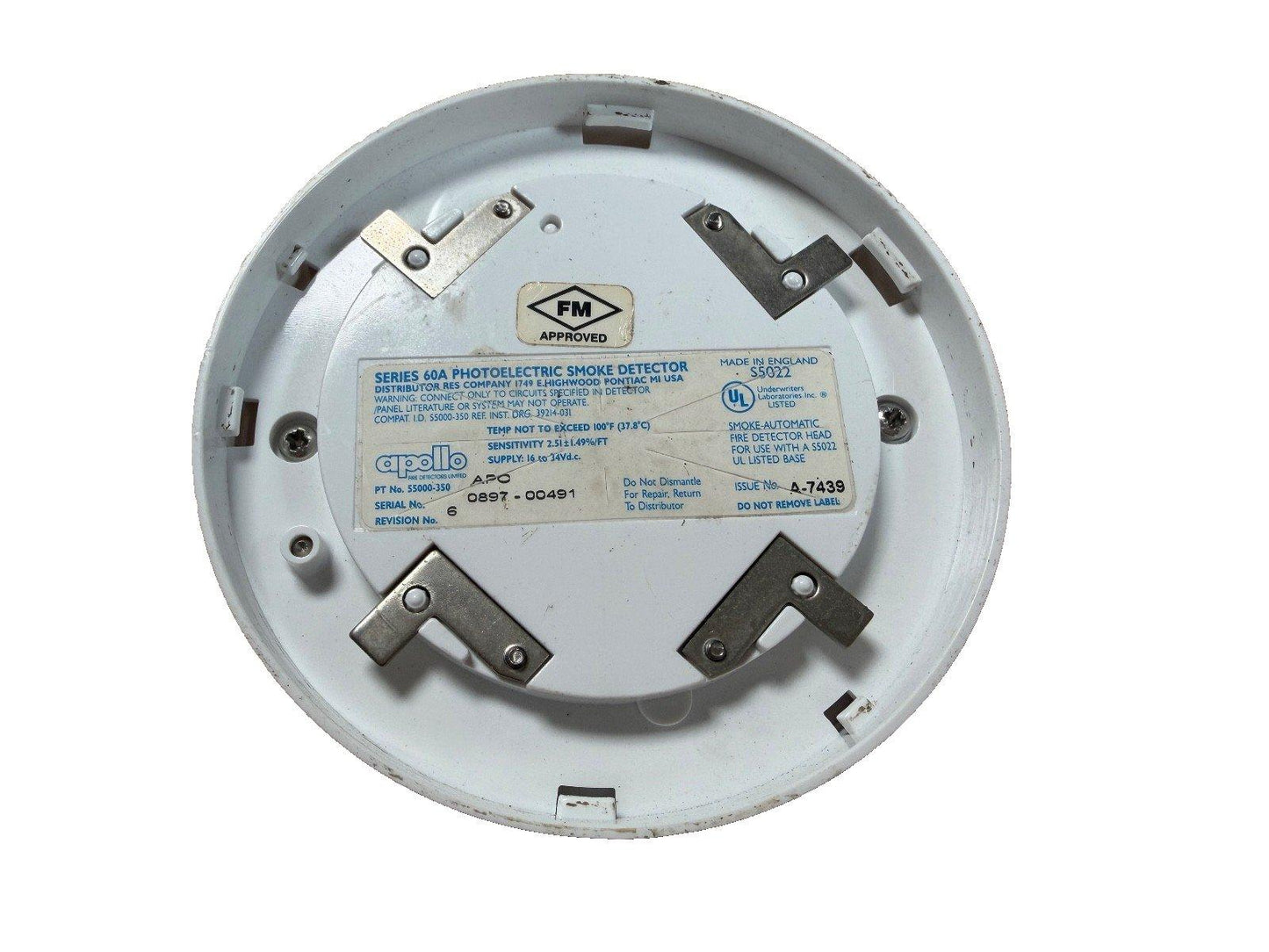 Apollo Series 60A photoelectric smoke detector head, FM approved, UL listed, for fire alarm systems