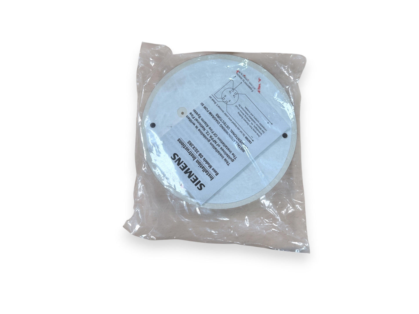 Siemens fire alarm base installation instructions for DB-3S/X3RS models, packaged in clear plastic