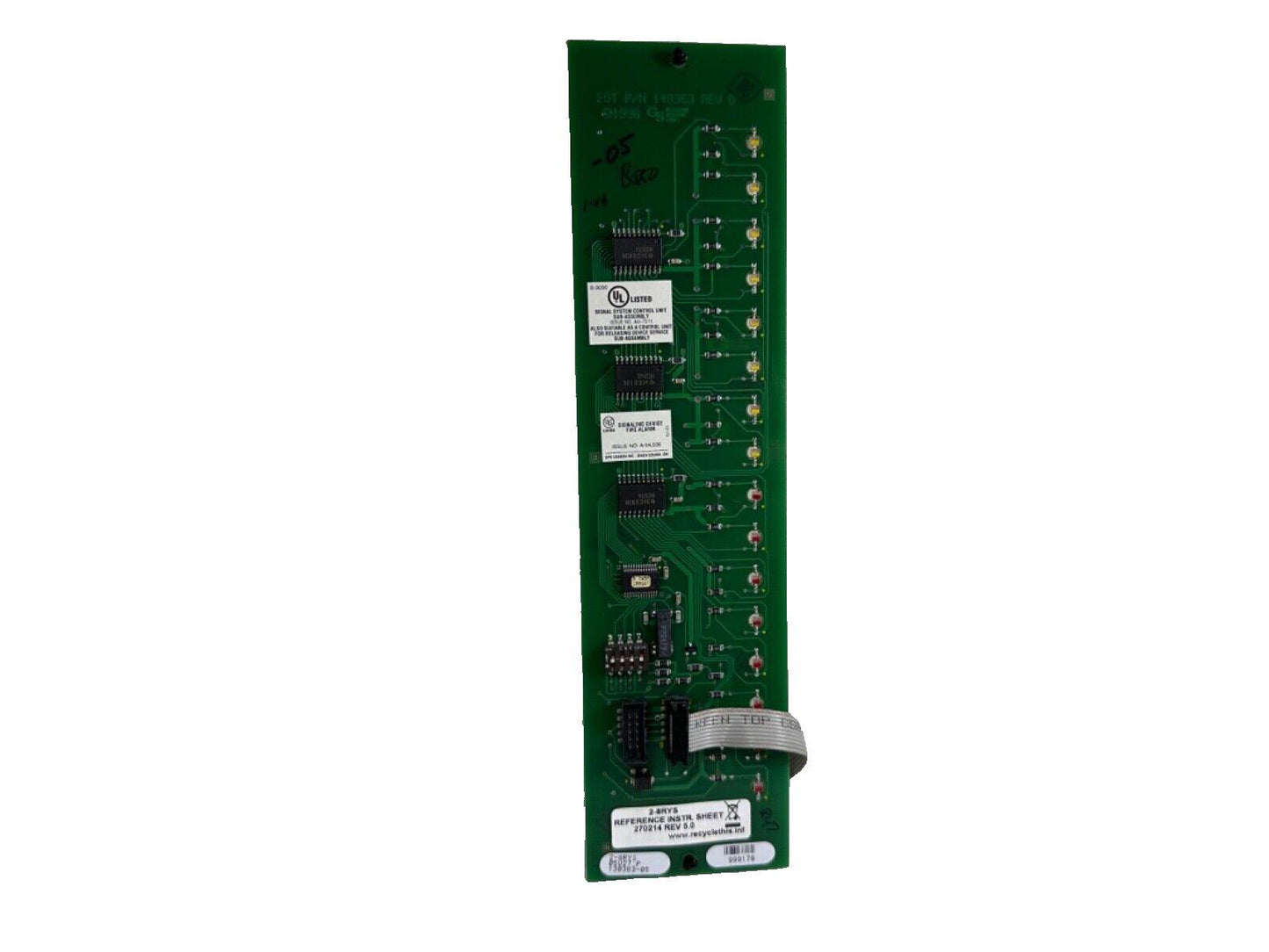 Green fire alarm control panel circuit board with UL listed components and connectors