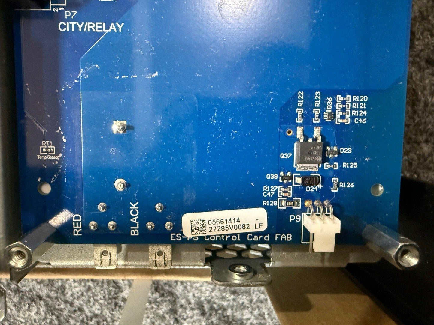 Blue ES-FS fire alarm control card with relay, temp sensor, and labeled components for commercial systems