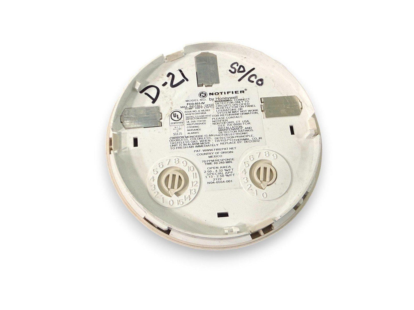 Honeywell Notifier FCO-951-IV smoke and CO detector back panel with wiring terminals and labels
