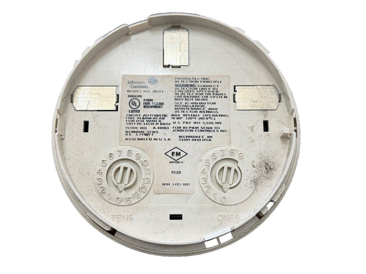 Johnson Controls 2654J smoke detector backplate with address dials and UL listing for fire alarm systems