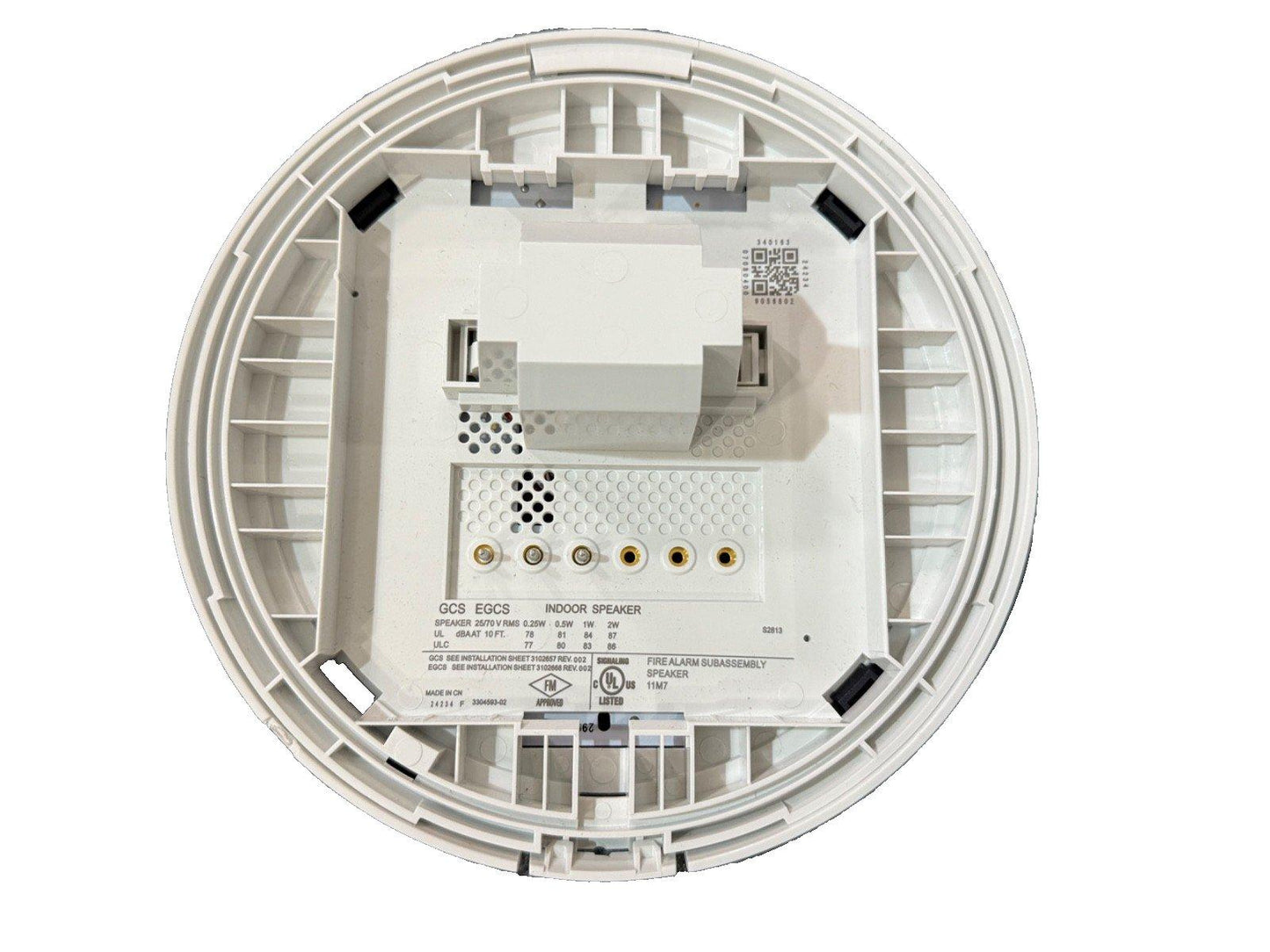 White indoor fire alarm speaker subassembly with UL listed certification and wiring terminals