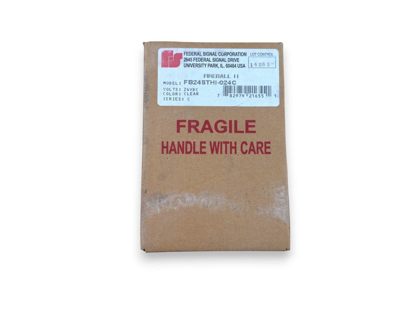 Federal Signal Fireball II fire alarm device, model FB24STHI-024C, 24VDC, clear, in original box with fragile label