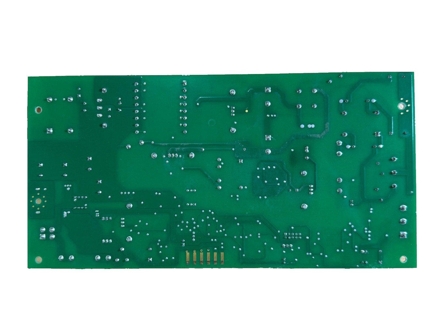 Green fire alarm control panel circuit board with solder points and traces