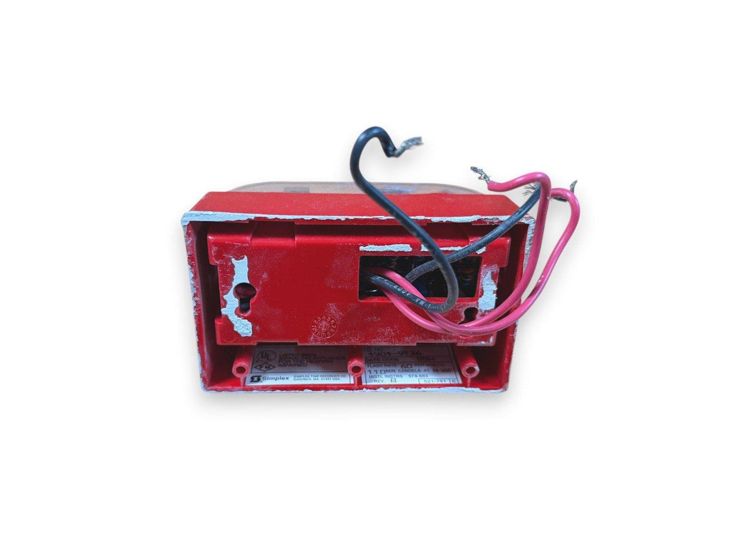 Red Simplex fire alarm strobe with wiring, used fire safety equipment