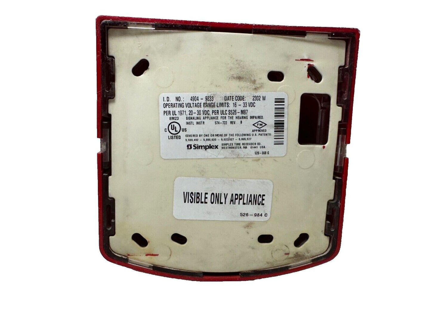 Simplex fire alarm device back panel with UL listing and visible only appliance label