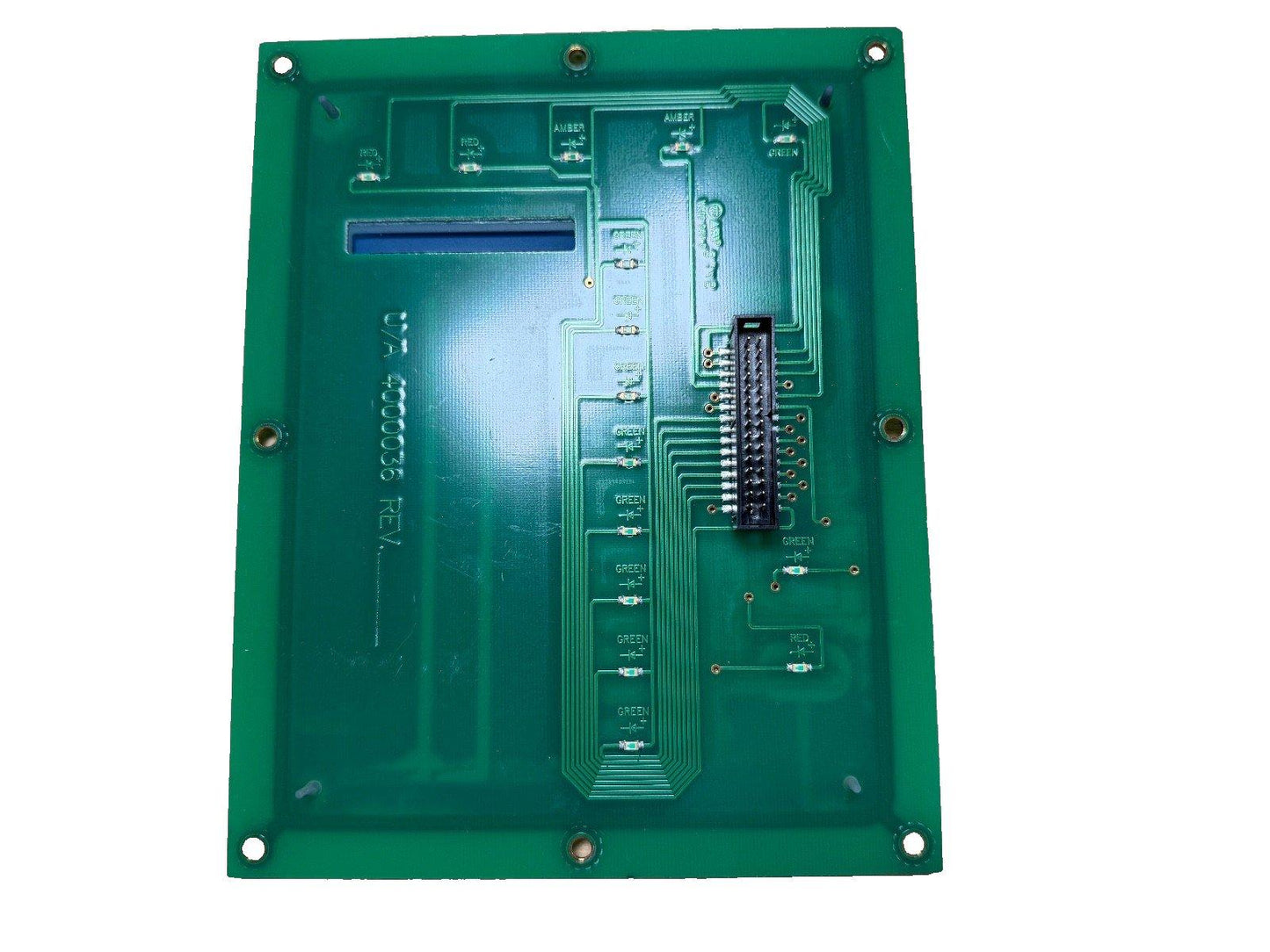Green fire alarm control panel circuit board with LED indicators and connector pins