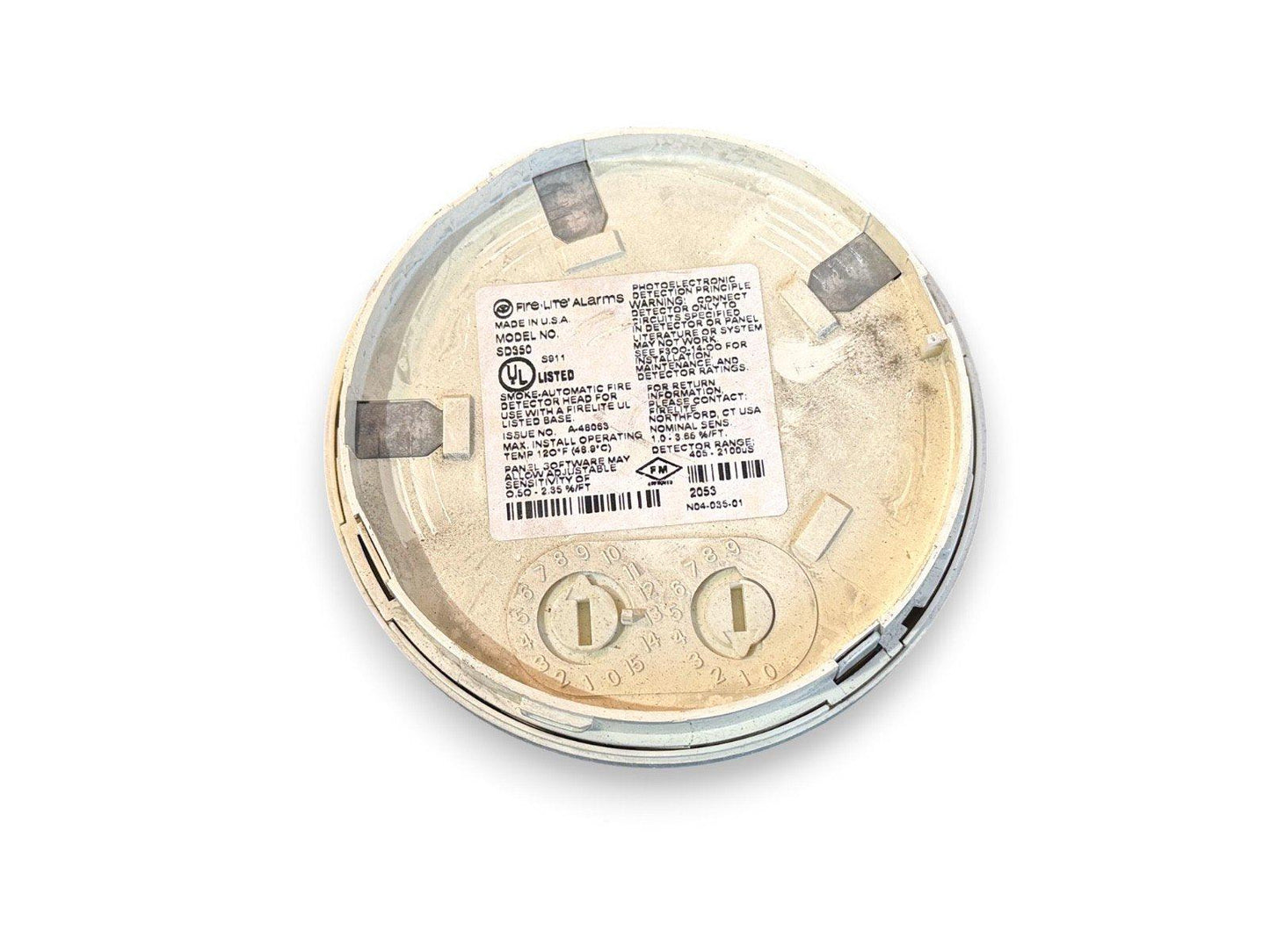 Fire-Lite SD350 smoke detector head with UL listed label and adjustment dials, used fire alarm equipment