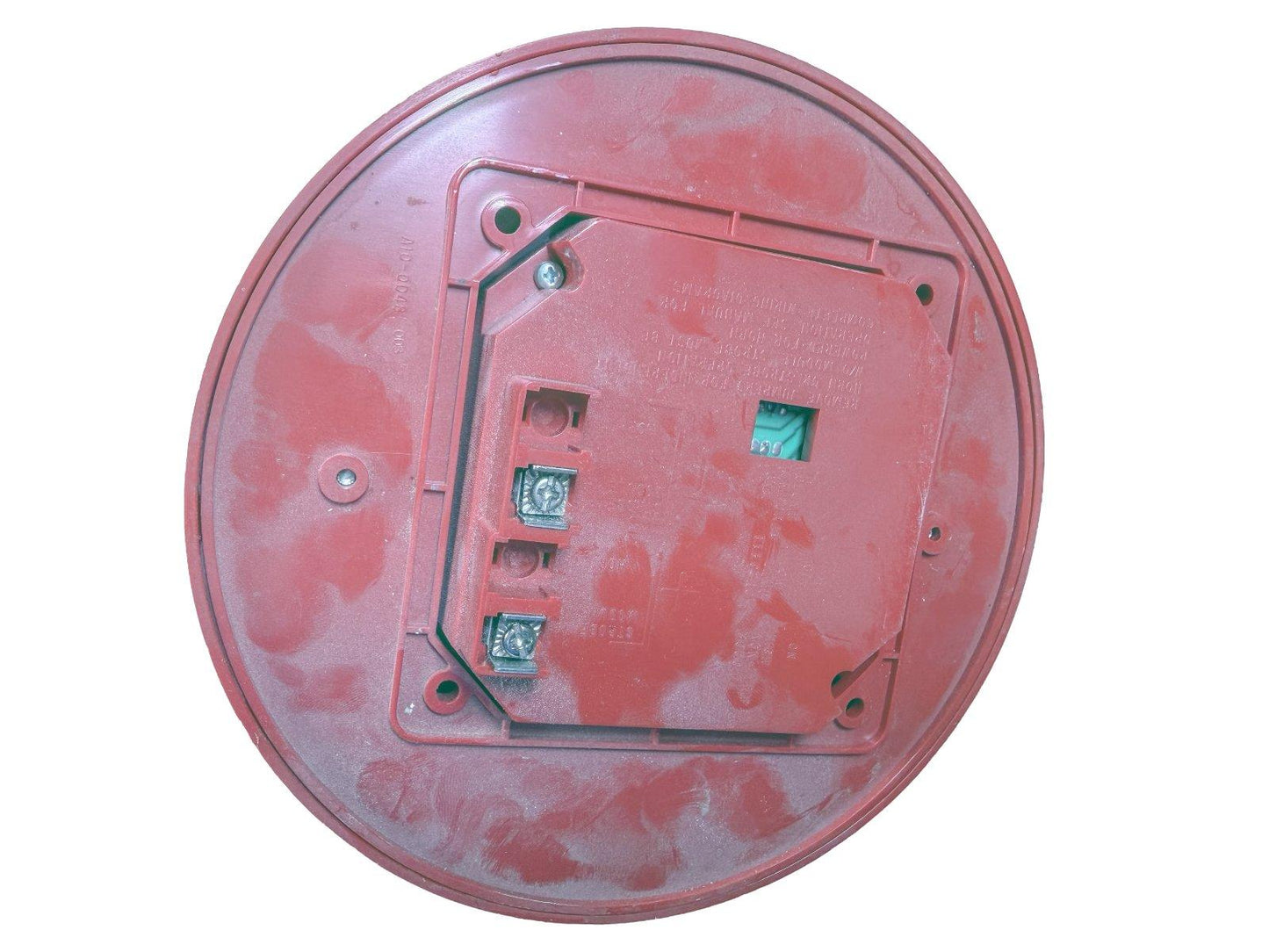 Red fire alarm detector back with wiring terminals and mounting holes