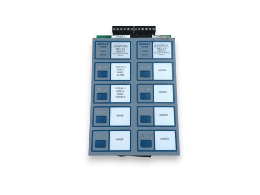 Fire alarm control relay module with labeled switches and indicator lamps for panel alarm and trouble signals