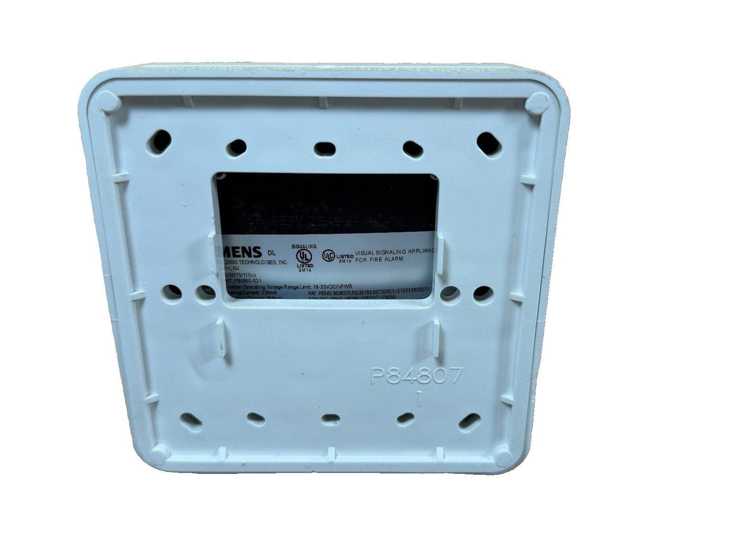 Siemens fire alarm strobe backplate with UL listing, model P84807, for fire safety systems