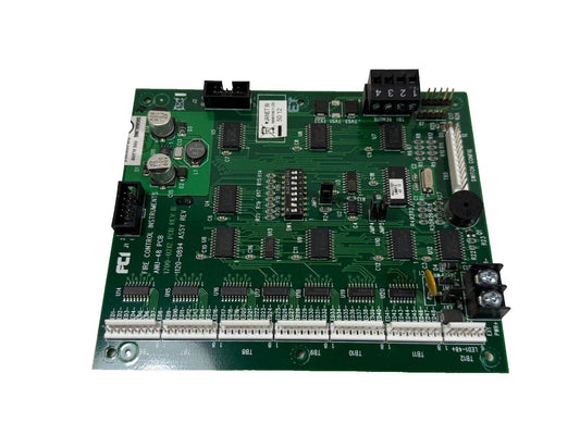Fire alarm control panel circuit board with connectors and components for fire safety systems