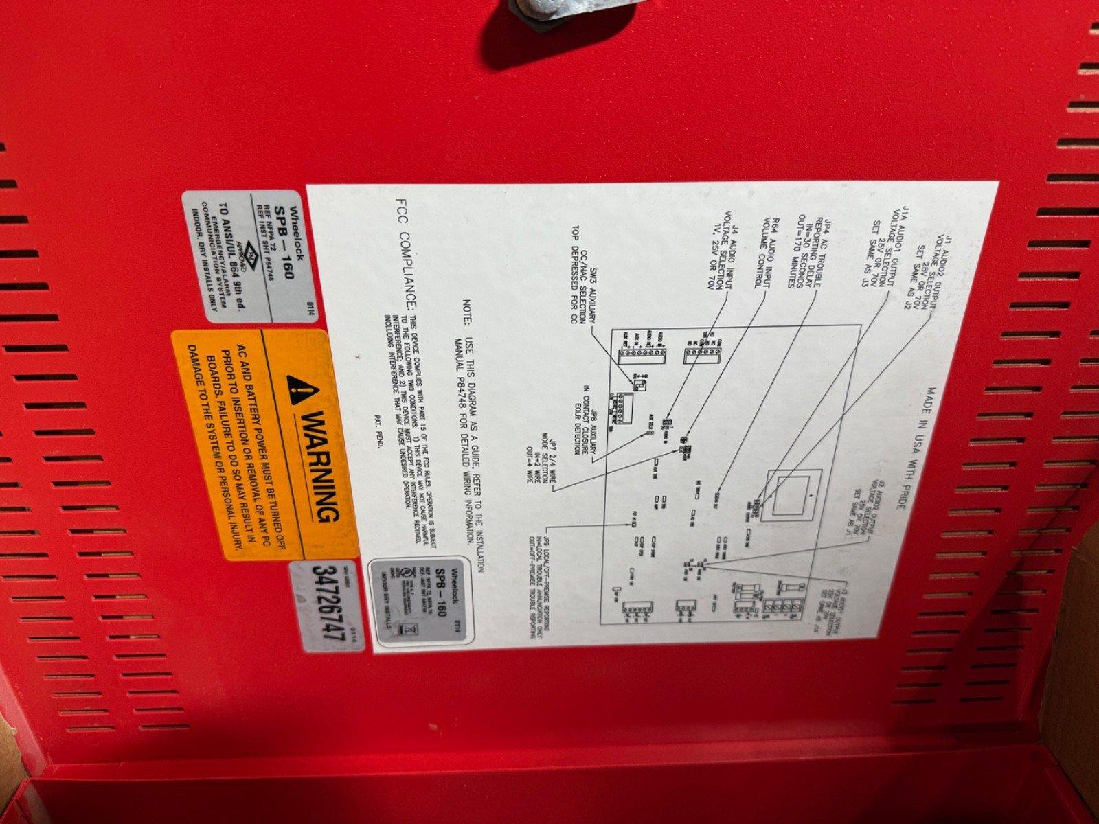 Wheelock SPB-160 fire alarm control panel wiring diagram with warning label and FCC compliance info