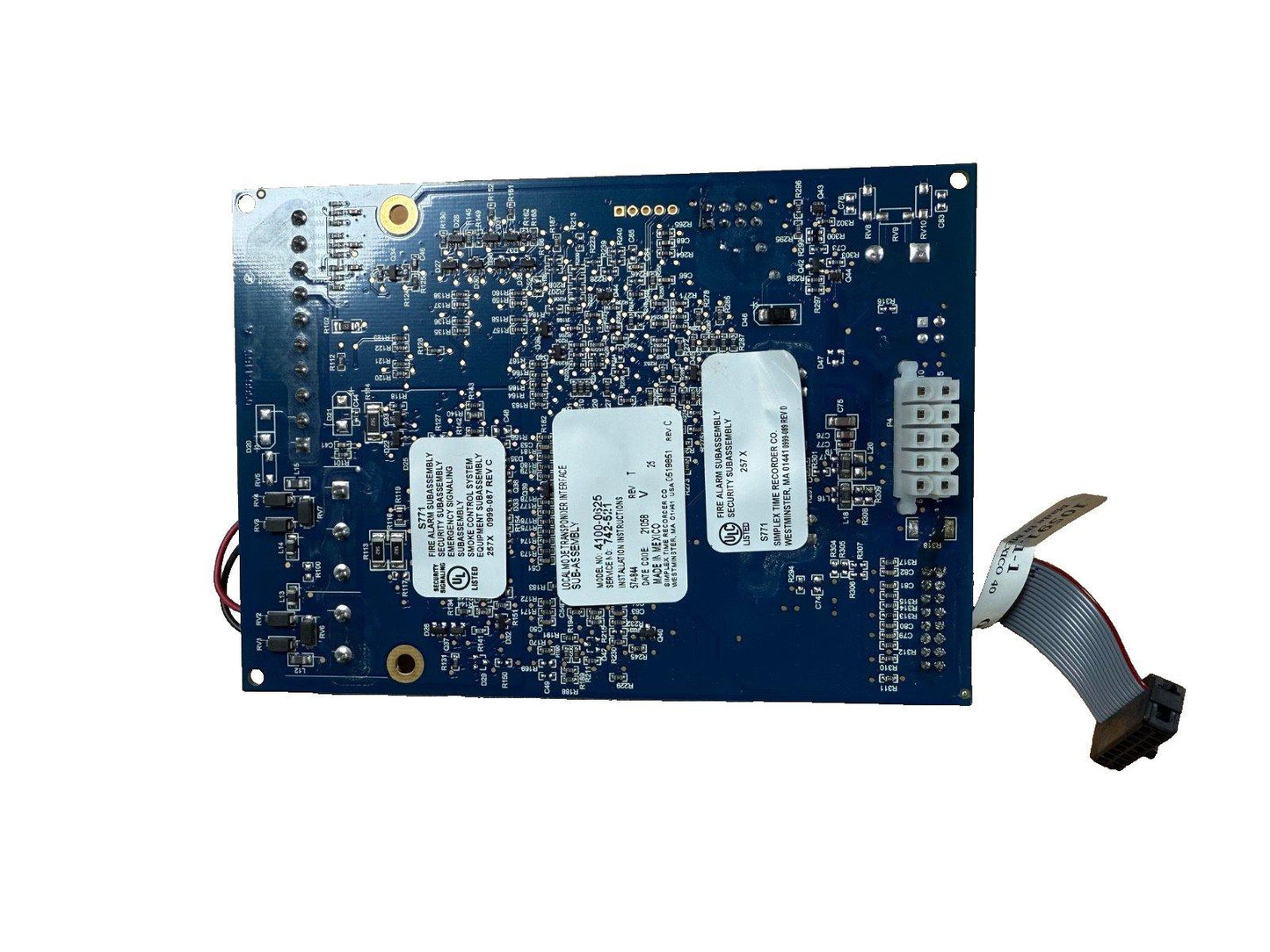 Fire alarm control panel circuit board with connectors and labels for security systems