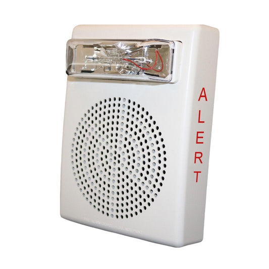 White fire alarm with red ALERT text, speaker grille, and visible strobe light for emergency warning systems