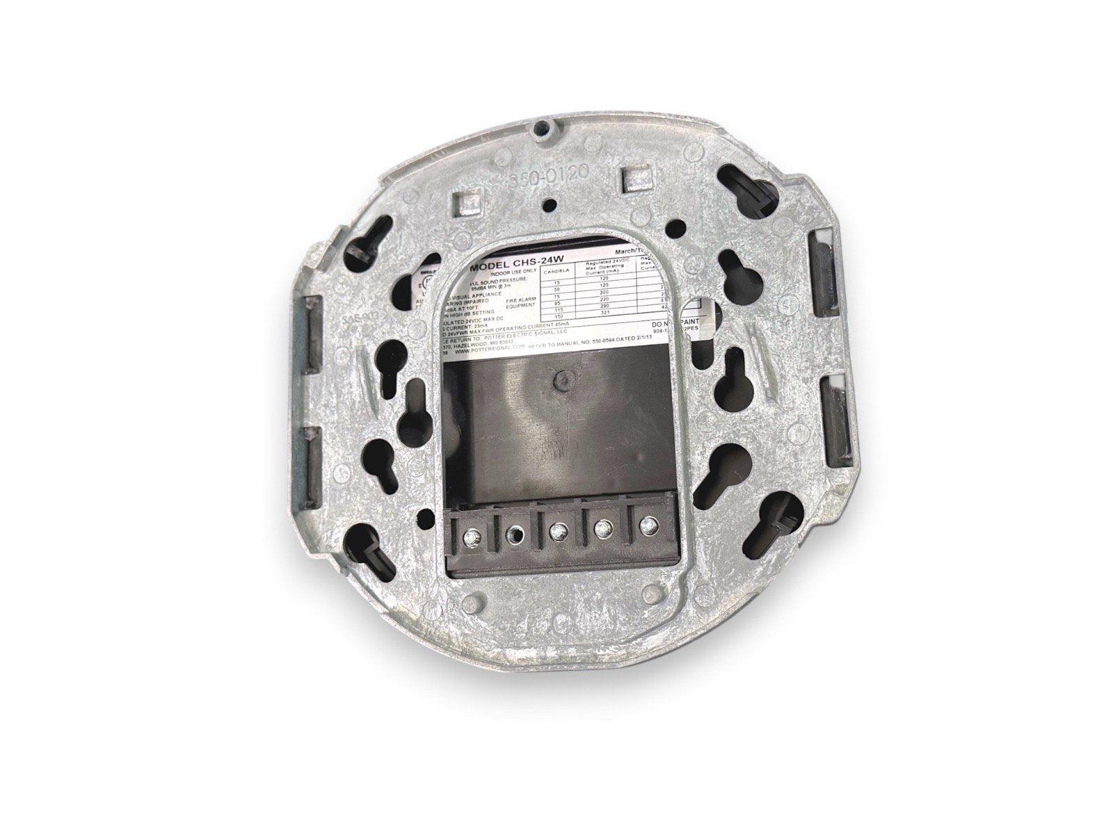 Potter CHS-24W fire alarm sounder base with wiring terminals and spec label, indoor use only