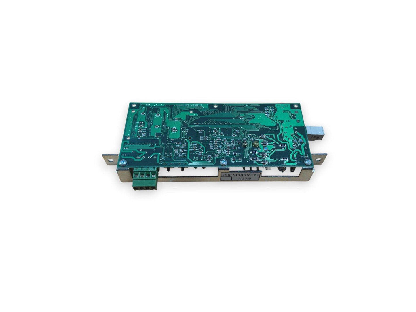 Fire alarm control panel circuit board with green PCB and terminal connectors