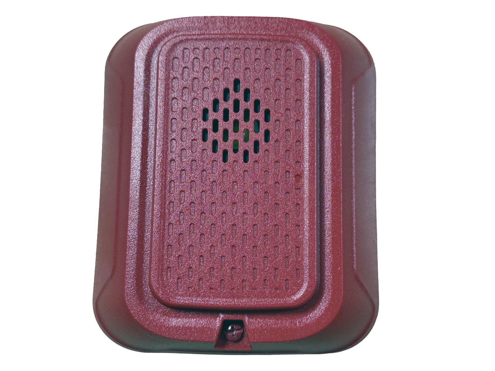 Red fire alarm speaker with vented grille and mounting screw, for commercial safety systems