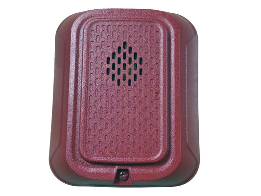 Red fire alarm speaker with vented grille and mounting screw, for commercial safety systems