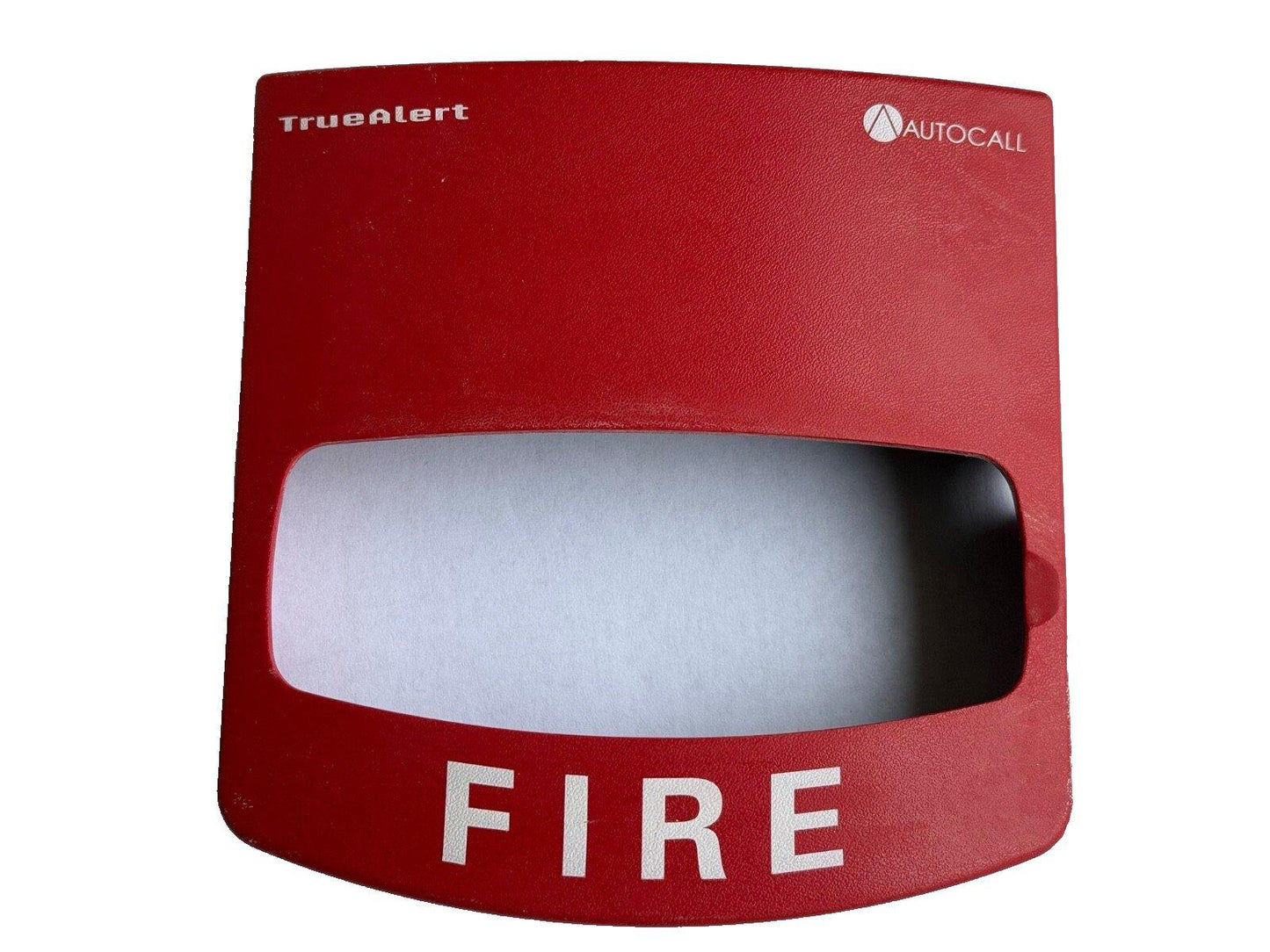 Red TrueAlert fire alarm pull station with AUTOCELL logo, labeled FIRE for emergency use
