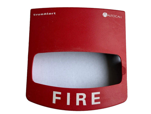 Red TrueAlert fire alarm pull station with AUTOCELL logo, labeled FIRE for emergency use