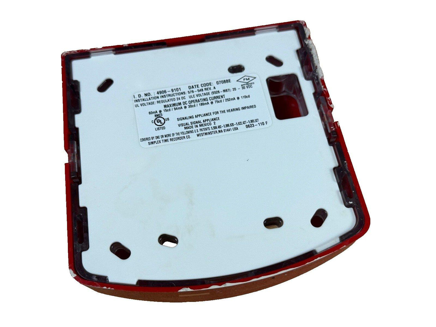 Red fire alarm strobe backplate with UL listed specs and mounting holes for commercial use