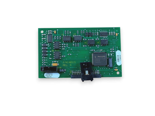Green fire alarm control panel circuit board with Philips chip, P/N 140315, for fire safety systems