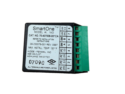 SmartOne AI N/O fire alarm module with green terminal block, FM approved, Kidde-Fenwal