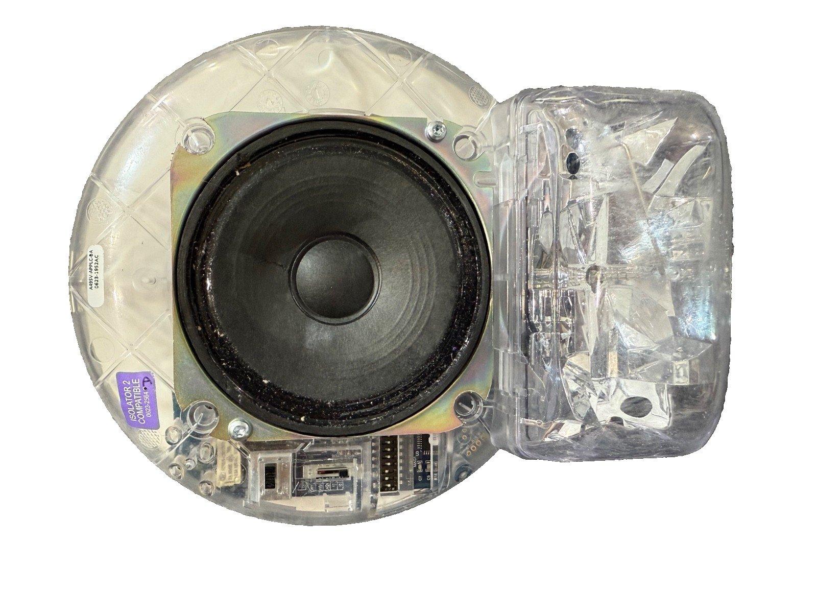 Fire alarm horn speaker with clear housing and visible internal components for commercial safety systems