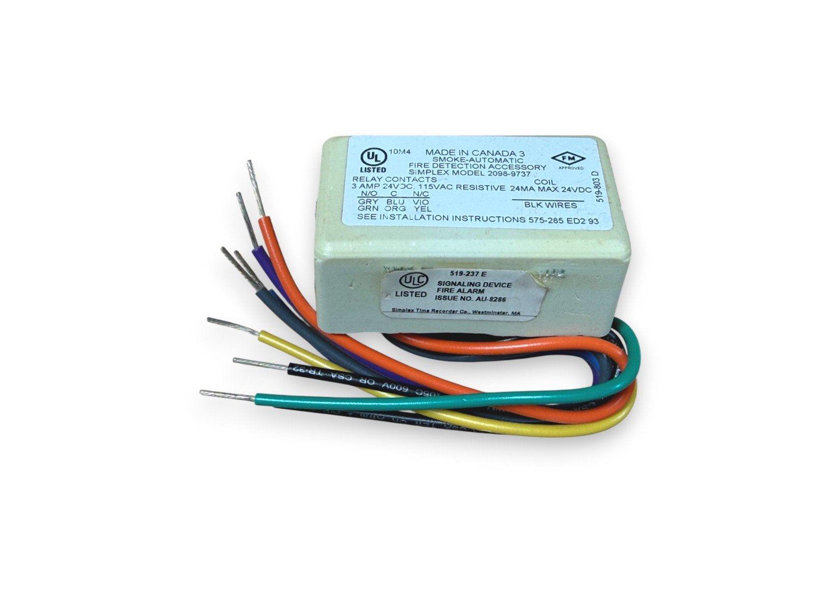 Simplex fire alarm relay module with multi-colored wires, UL listed for smoke detection systems