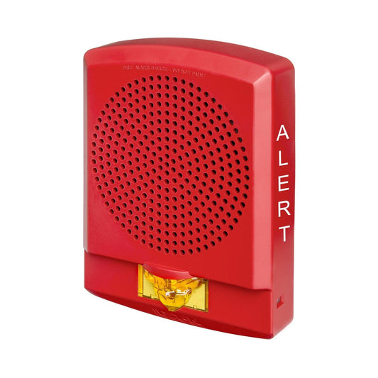 Red fire alarm device with ALERT label and yellow strobe light, for safety and emergency warning systems.