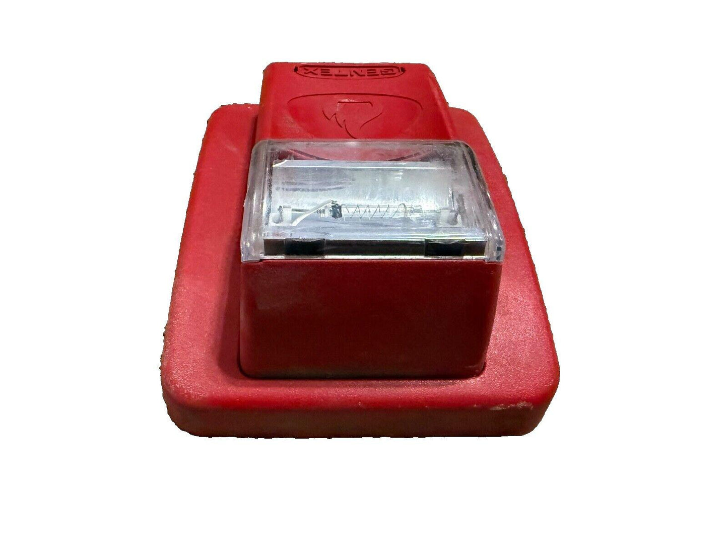 Red fire alarm pull station with clear cover and manual activation lever