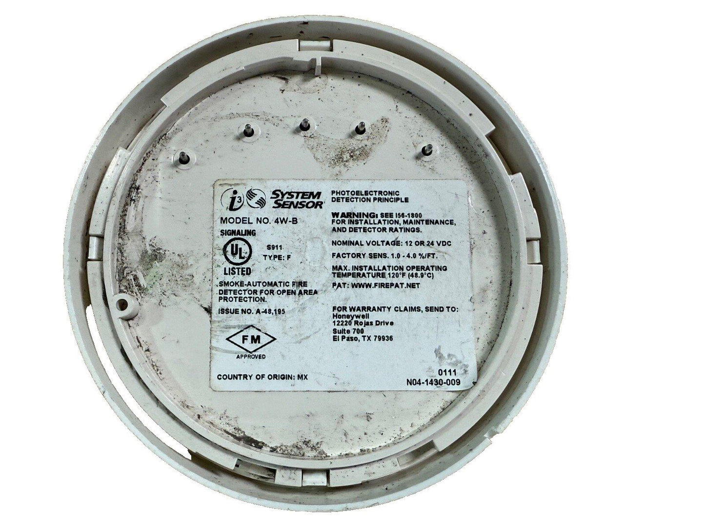 System Sensor 4W-B smoke detector back view with UL listed label, used fire alarm equipment