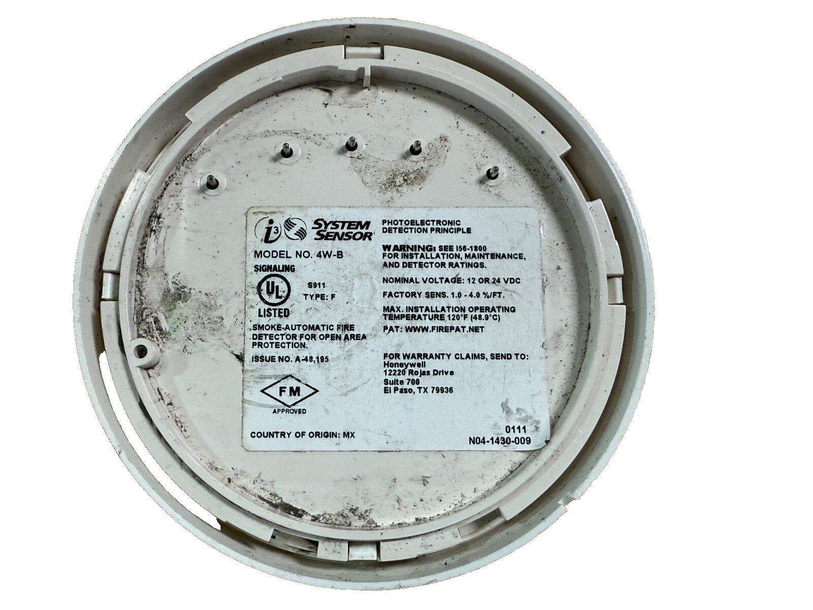 System Sensor 4W-B smoke detector back view with UL listed label, used fire alarm equipment