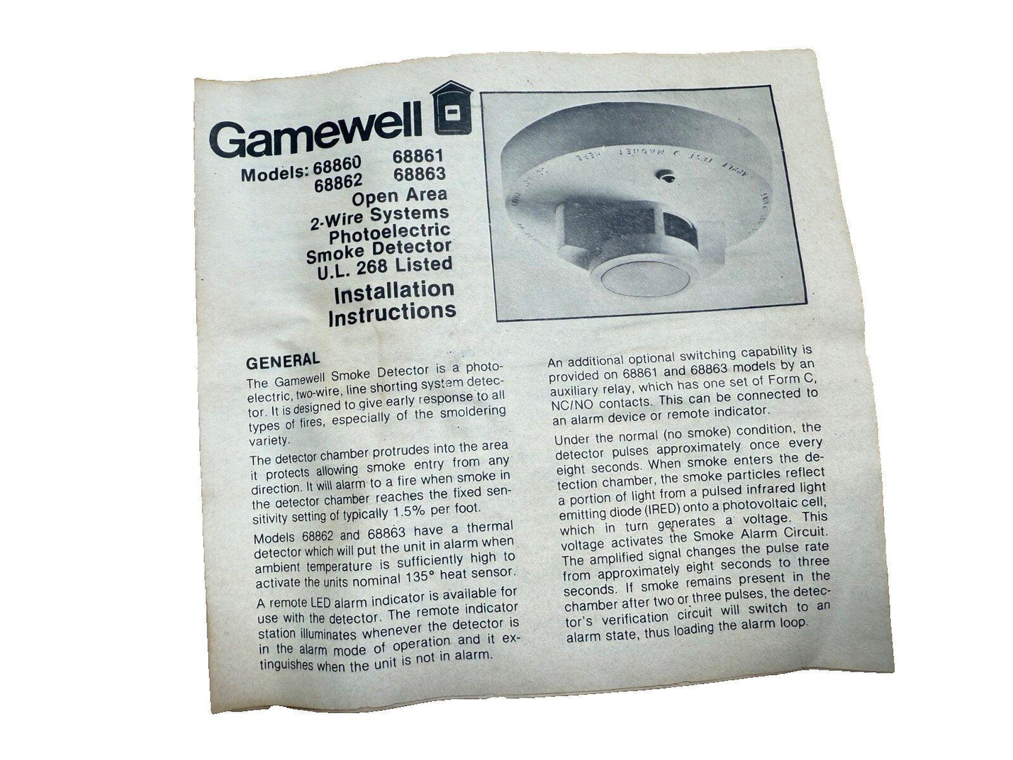 Gamewell 68860 68861 68862 68863 photoelectric smoke detector installation manual for open area 2-wire systems