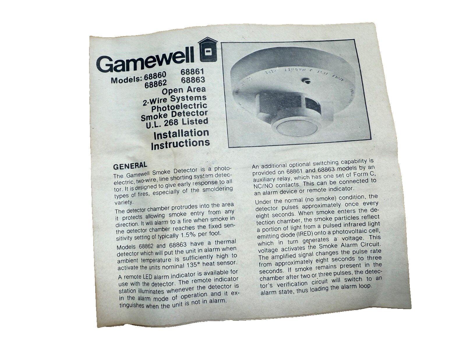Gamewell 68860 68861 68862 68863 photoelectric smoke detector installation manual for open area 2-wire systems